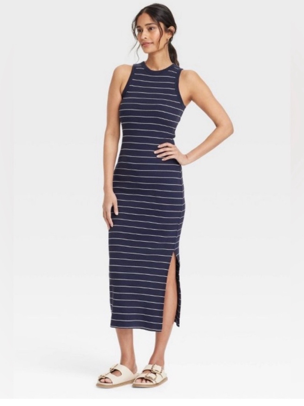 Universal Thread Navy and White Striped Sleeveless Midi Dress